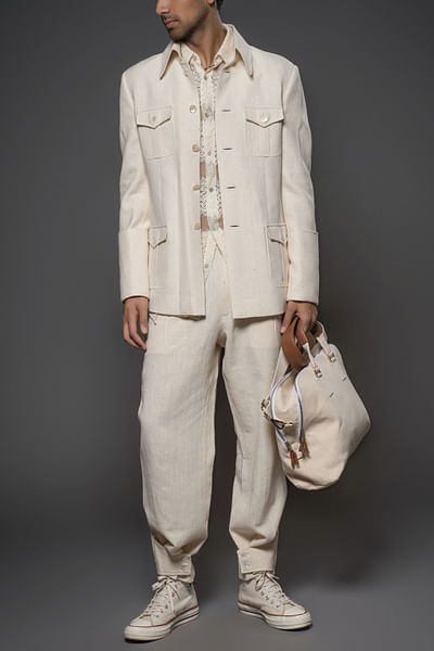 Ivory pocket detail khadi long jacket