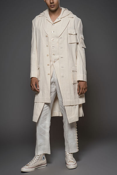 Ivory pocket detail long khadi jacket
