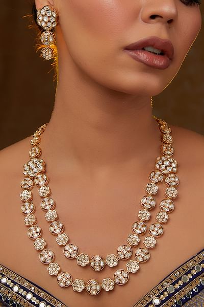 Ivory polki kundan layered long necklace set