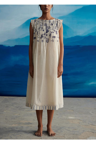 Ivory printed chanderi dress