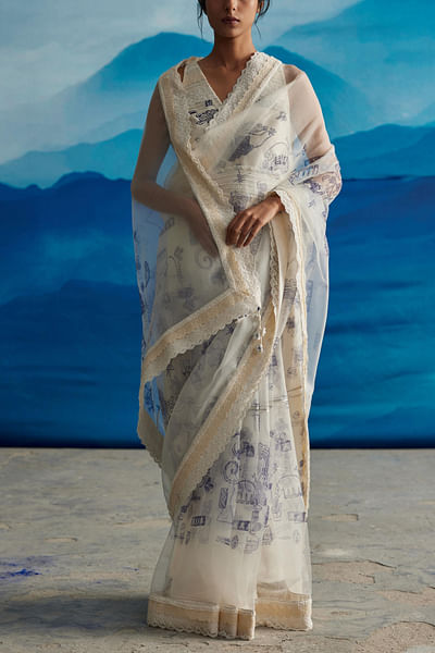 Ivory printed organza sari