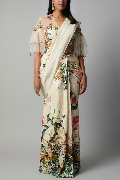 Ivory raw silk sari set
