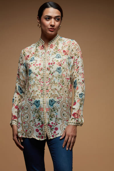 Ivory rhinestone embroidered top