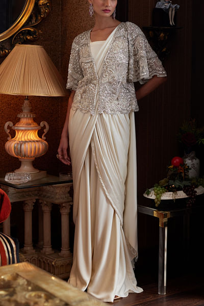 Ivory satin pre-draped sari set