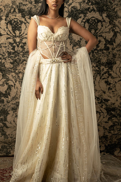 Ivory sequin and pearl embroidered lehenga set