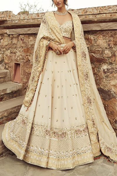 Ivory sequin and pearl embroidery lehenga set