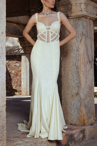 Ivory sequin embellished fishcut gown