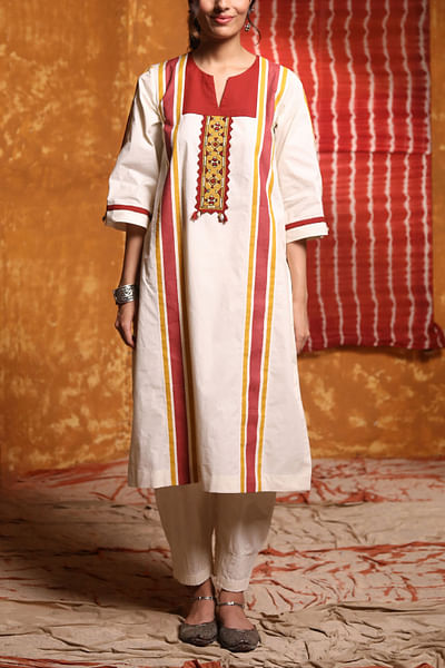 Ivory striped embroidered kurta set