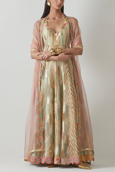 Ivory striped printed anarkali set