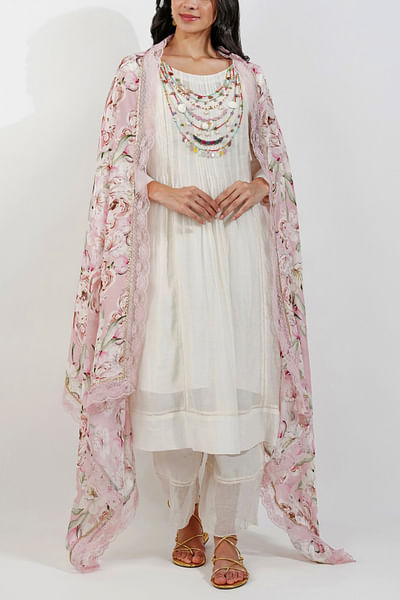 Ivory tassel embellished pleated kurta set
