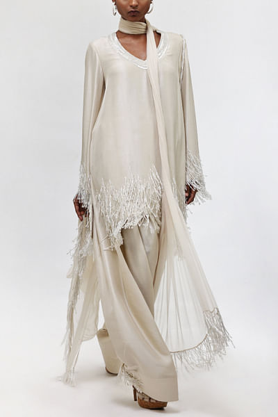 Ivory tassel embellished short kurta set