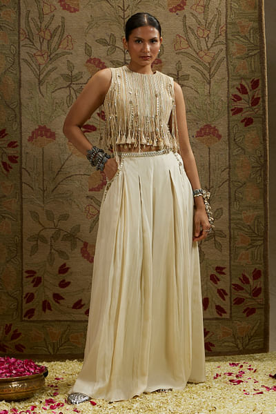 Ivory tasselled crop top and pants