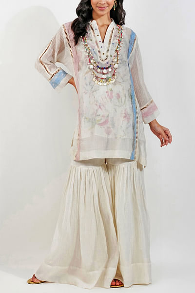 Ivory tasselled kurta and gharara set