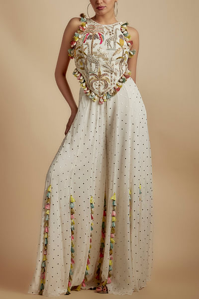 Ivory tasselled mukaish sharara set
