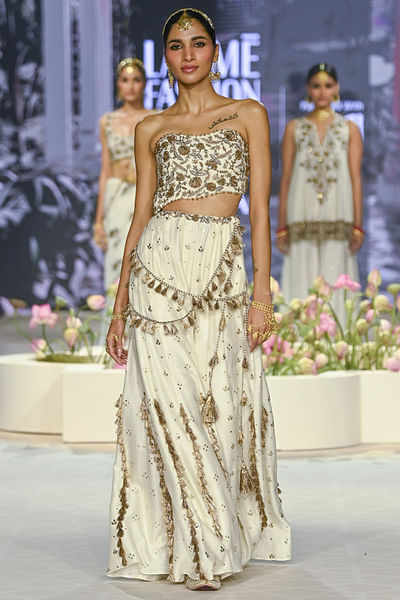 Ivory tasselled mukaish sharara set