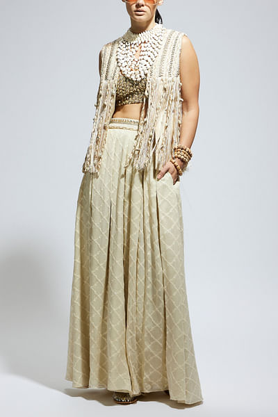 Ivory thread embroidered jacket set