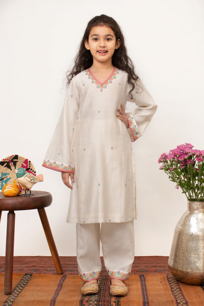 Ivory thread embroidery kurta set