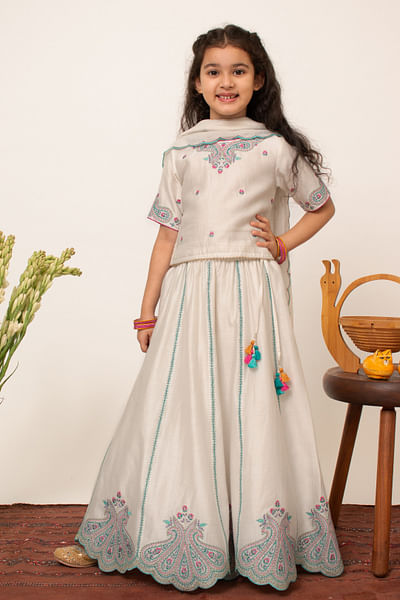 Ivory thread embroidery lehenga set