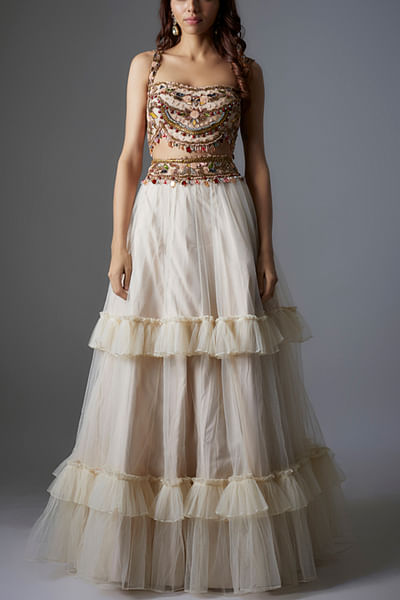 Ivory tiered frilled lehenga set