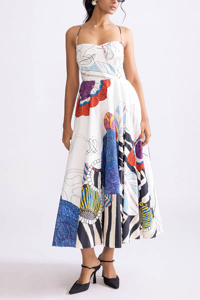 Ivory tribal floral and stripe printed dress