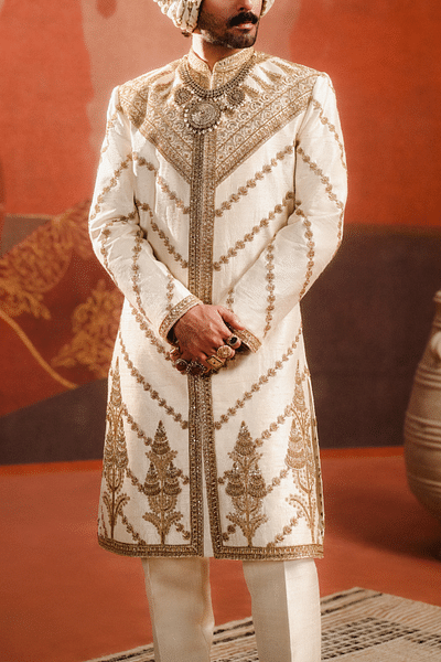 Ivory zardozi embroidered sherwani set