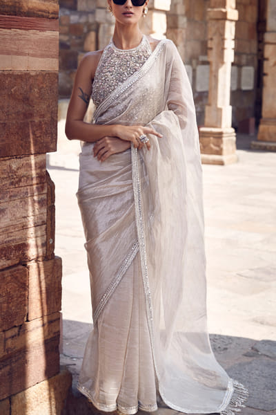 Matsya Ivory zardozi pitta embroidery sari set MATMAY2414