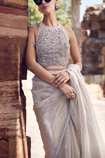 Matsya Ivory zardozi pitta embroidery sari set MATMAY2414
