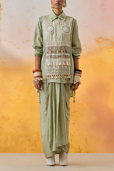 Jade bead embroidered bib and shirt