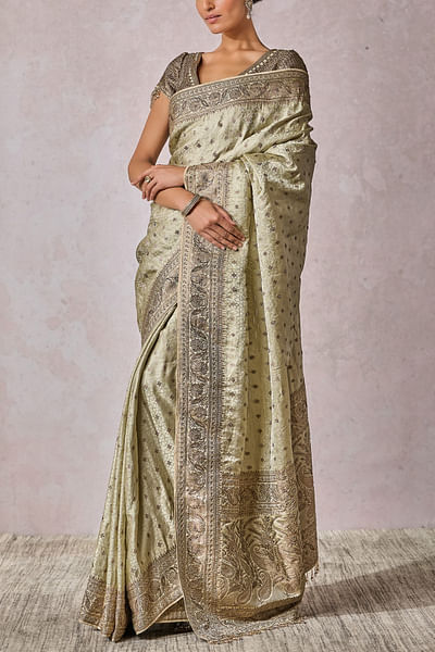 Jade floral embroidered brocade sari set