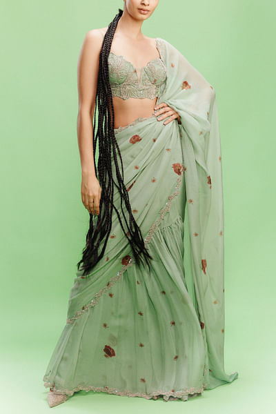 Jade floral printed embellished tiered sari set