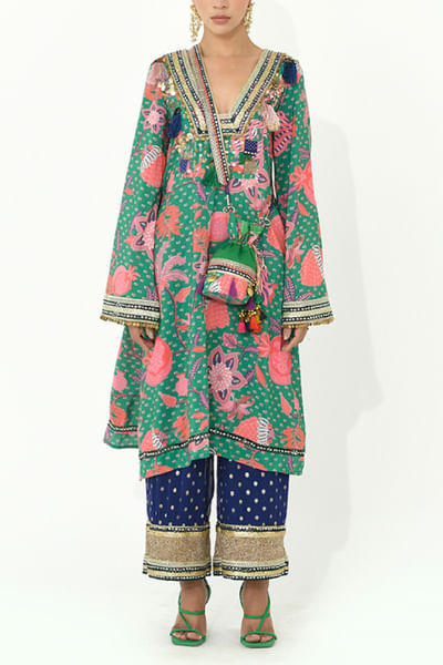 Jade green floral and fruit printed kurta set