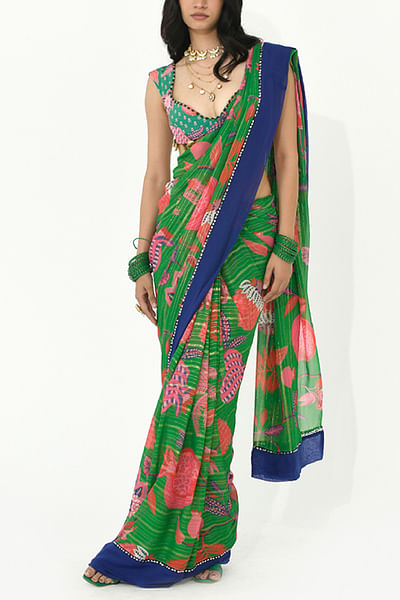 Jade green floral and fruit printed sari set