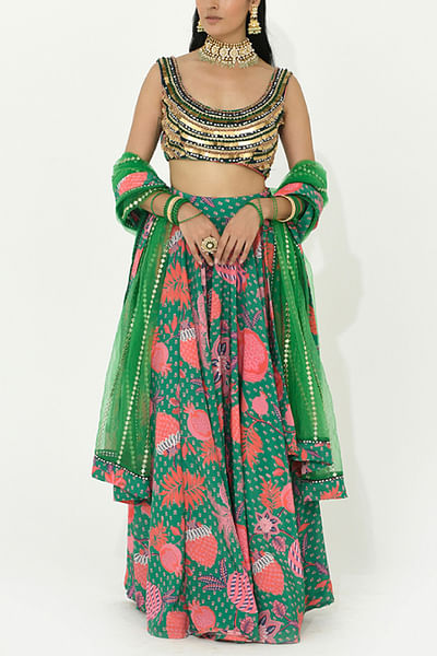 Jade green fruit and floral printed lehenga set