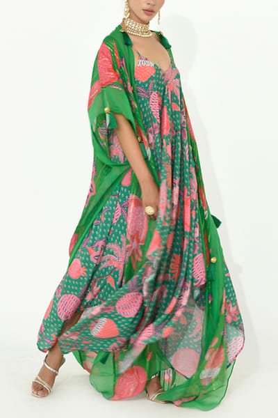 Jade green fruit printed dress and cape
