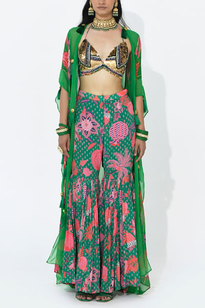 Jade green fruit printed gharara and cape set