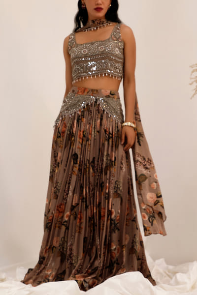 Judge gray floral printed lehenga set