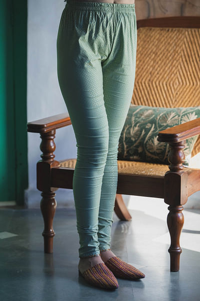 Kasbi green foil block printed churidar