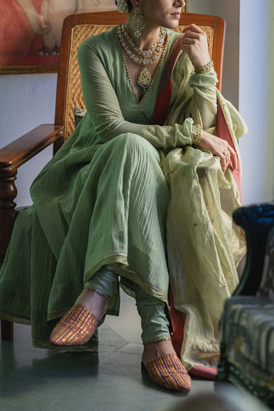 Kasbi green foil block printed woven anarkali