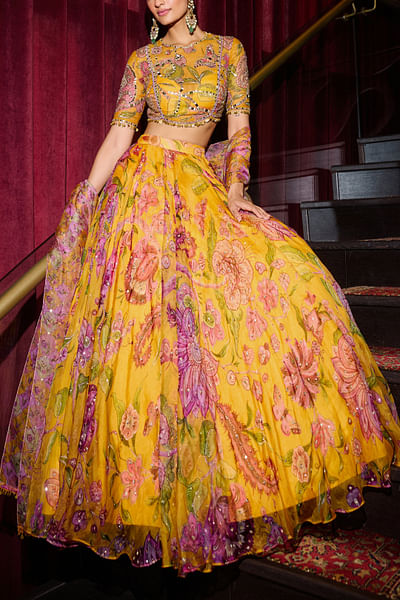 Kesar floral printed embroidered lehenga set