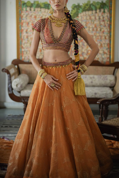 Kesaria orange striped foil printed lehenga