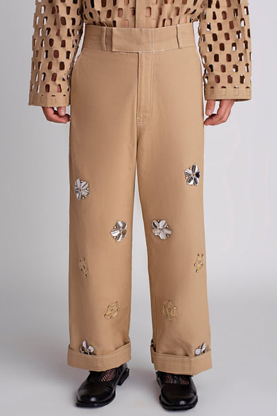 Khakhi floral embroidered pant
