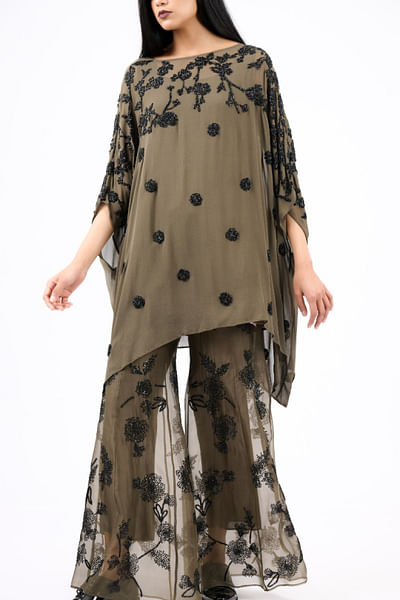 Khaki and black organza embroidered palazzo