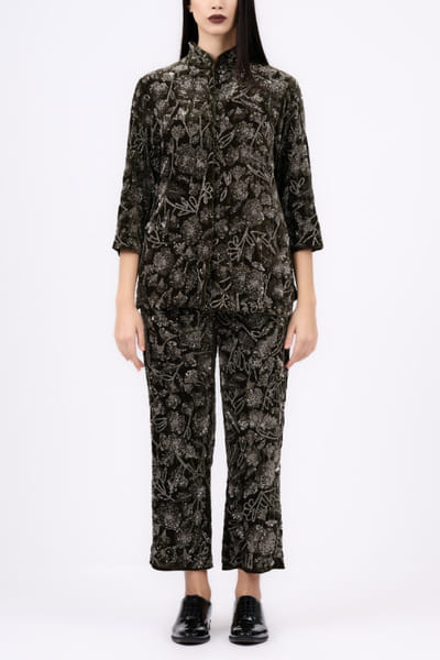 Khaki and silver velvet embroidered jacket