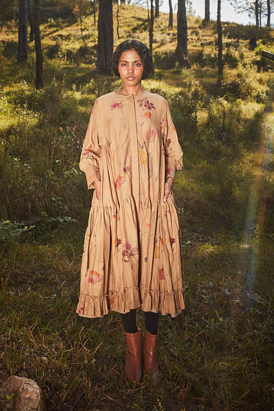 Khaki brown floral printed frilled dress