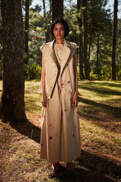 Khaki brown floral printed jumpsuit and jacket