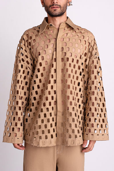 Khaki laser cut oversized shirt