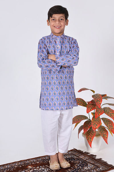 Lavender and white floral print kurta set
