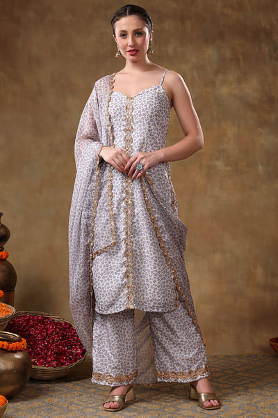 Lavender and white floral printed kurta set
