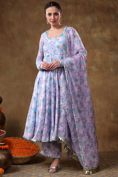 Lavender floral print anarkali set