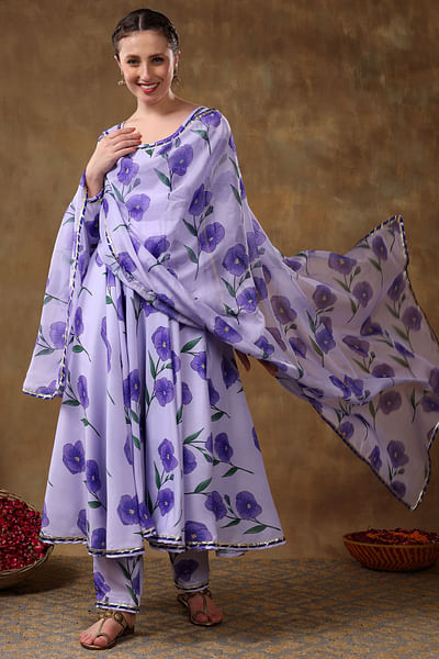 Lavender floral printed anarkali set